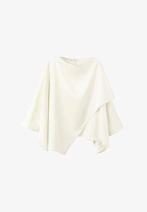 Asymetryczny, kość słoniowa, top w stylu ponczo z szerokimi rękawami i drapowaną nakładką na jednolitym tle.