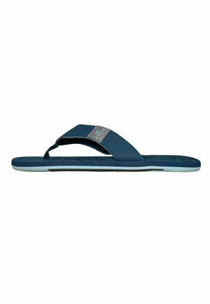 Blue flip-flop sandal with a fabric strap and thong toe design, featuring a logo patch on the strap and a textured sole.