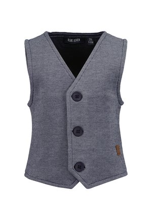 Ærmeløs grå tekstureret vest til småbørn med tre sorte knapper og et lille brunt logoemblem på den nederste side.