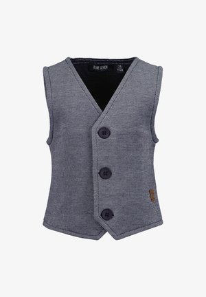 Gilet sans manches gris texturé pour tout-petit avec trois boutons noirs et une petite étiquette logo marron sur le côté inférieur.