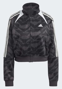 Black cropped zip-up jacket with a camouflage pattern, featuring white shoulder accents and three white stripes on each sleeve.