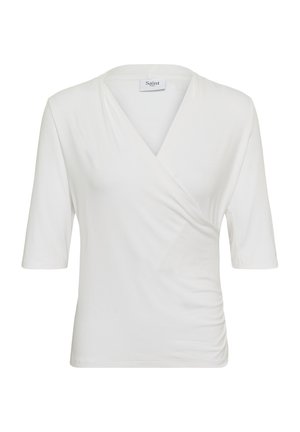 Weiße Wickelbluse mit Ellbogen-langen Ärmeln und dezenten Seitenraffungen, mit V-Ausschnitt und einem "Saint Tropez"-Etikett.