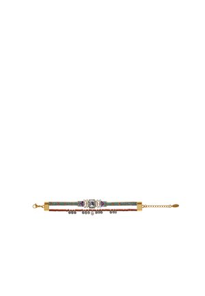 Dual-strand bracelet with turquoise and brown beads, central square clear gem, smaller dangling silver charms, and gold clasp with extender chain.