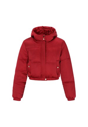 Rode cropped pufferjack met capuchon, met elastische manchetten en een sluiting met drukknopen aan de voorkant. Gladde textuur, gewatteerd ontwerp en twee zijzakken.