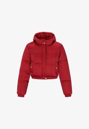 Rote, kurz geschnittene Puffermantel mit Kapuze, ausgestattet mit elastischen Bündchen und einem vorderen Druckverschluss. Glatte Textur, gepolstertes Design und zwei seitliche Taschen.