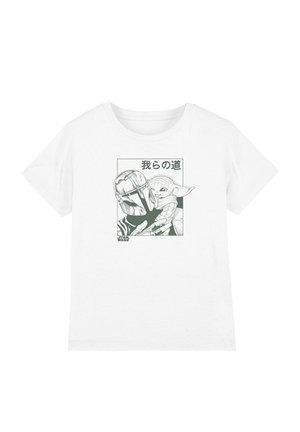 White cotton t-shirt featuring a graphic of a helmeted character and a creature. Design includes greenish tones with Japanese text and "Star Wars" logo.