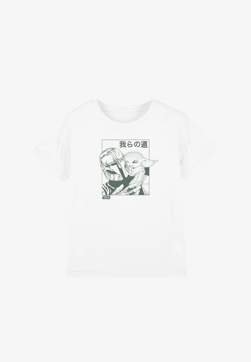 White cotton t-shirt featuring a graphic of a helmeted character and a creature. Design includes greenish tones with Japanese text and "Star Wars" logo.