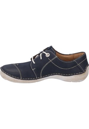 Navy leather shoe with white stitching, rounded toe, and lace-up design. Features a light-colored outsole and textured upper for durability.