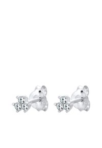 Ohrringe aus Sterling-Silber mit drei klaren, runden Zirkonia-Steinen, die in einem floralen Design angeordnet sind. Glatte, polierte Oberfläche.