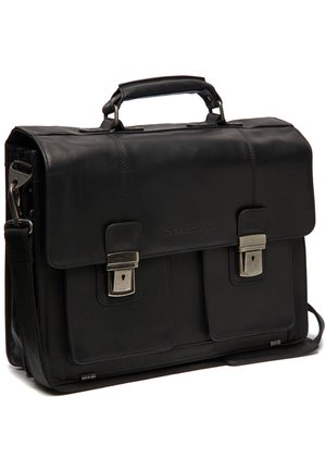 Black leather briefcase with a structured design, featuring silver hardware, a top handle, and front flap with two buckle closures.