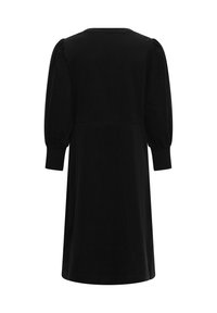 Black, knee-length dress with puffed sleeves and a round neckline. Made of soft fabric with a smooth texture and simple design, no patterns.