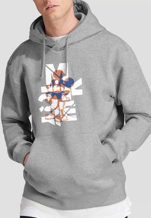 Gray pullover hoodie featuring a graphic design of a cartoon character in orange and blue. Includes a front kangaroo pocket and drawstring hood.