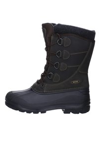 Brauner wasserdichter Winterstiefel mit schwarzer Gummisohle, weicher Innenausstattung und Metallösen für die Schnürsenkel. Verstärkter Zehenbereich und Gummisohle.