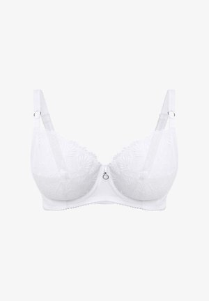 Witte kanten beha met voorgevormde cups, bloemenpatroon, verstelbare bandjes en een centrale decoratieve ring. Zachte textuur met gegolfde randen.