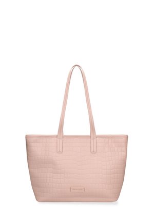 Borsa tote rosa chiaro con motivo coccodrillo strutturato, due manici lunghi, forma rettangolare e etichetta discreta del marchio sul davanti.