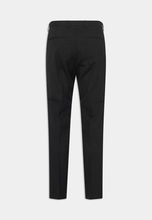 Schwarze, maßgeschneiderte Hose mit glatter Textur, die über ein tailliertes Design, Rückentaschen und einen geraden Beinabschluss verfügt.