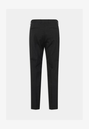 Czarne, dopasowane spodnie o gładkiej fakturze, z dopasowanym krojem, tylnymi kieszeniami i prostą nogawką.