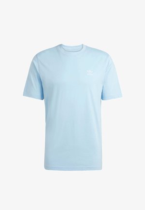 Gaiszi zils kokvilnas T-krekls ar īsām piedurknēm un apaļu kakla izgriezumu, uz kura krūšu daļas ir mazs balts logo.