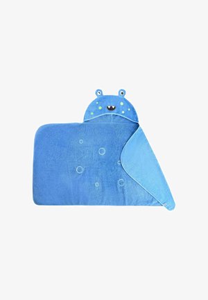 Toalla de baño con capucha azul, de suave material de toalla, que presenta la cara de una rana, acentos en azul brillante y patrones de burbujas en el cuerpo.