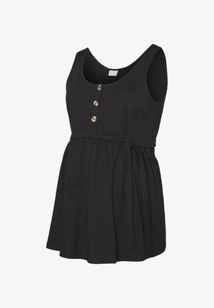 Černé těhotenské šaty bez rukávů s kulatým výstřihem, třemi předními knoflíky a zavazovacím páskem v pase, volná sukně pro pohodlí.