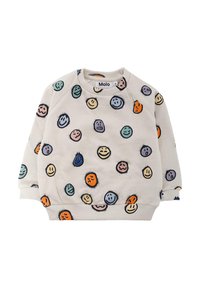 Felpa di un leggero beige con motivi di faccine colorate, con polsini e orlo a costine, texture morbida e chiusura a scatto sulle spalle.