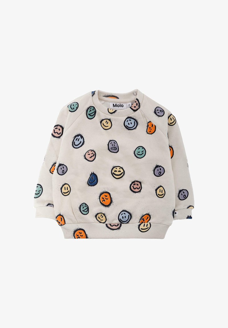 Lichtbeige sweatshirt met kleurrijke smiley-gezichtpatronen, ribgebreide manchetten en zoom, zachte textuur en sluiting met drukknoop op de schouder.