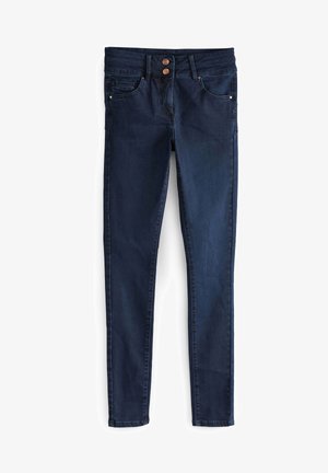 Dark blue denim skinny jeans with a smooth texture, featuring two front pockets and a double-button closure at the waistband.