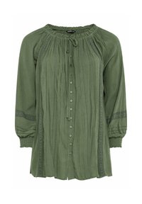 Grön blus med långa ärmar, tillverkad av texturerad tyg med rund halsringning, knappframsida och dekorativa spetsdetaljer längs ärmarna.