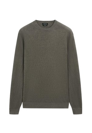 Long-sleeve crewneck sweater in olive green with ribbed cuffs and hem, plain knit texture, and a small black neck label.