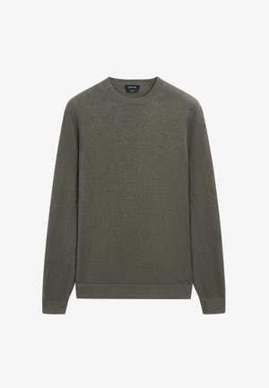 Long-sleeve crewneck sweater in olive green with ribbed cuffs and hem, plain knit texture, and a small black neck label.