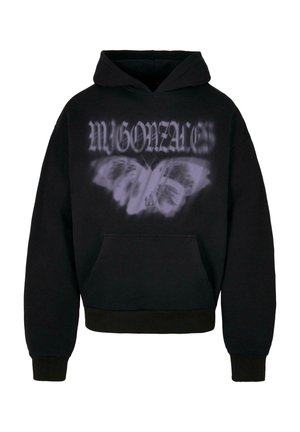 Hanorac negru cu glugă, confecționat din material moale, cu un grafic de fluture în gri și textul "MYGONZALES" scris cu un font stilizat pe față.