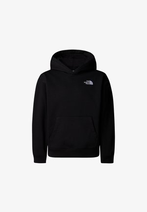 Juodas džemperis su kapišonu, priekyje kišenė, kapišonas su raišteliais, rankogaliai ir apačia su ribomis, virš kairės krūtinės mažas baltas logotipas.