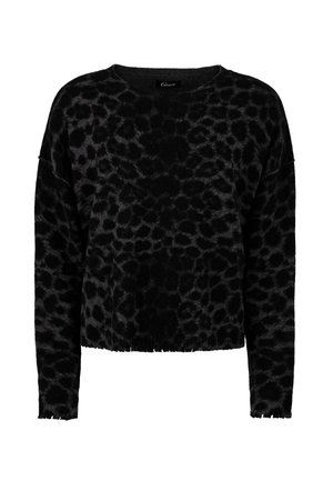 Black fuzzy long-sleeve sweater with a dark leopard print pattern and a slightly frayed hem and cuffs.