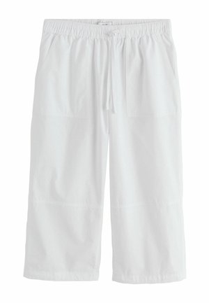 Białe spodnie 7/8 z elastyczną talią, sznurkiem i dwoma przednimi kieszeniami naszywanymi, luźne i proste nogawki.