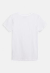 Plain white short-sleeve t-shirt laid flat showing the back side with a round neckline and simple hem.