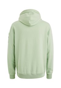 Sudadera verde clara con una textura suave, que presenta una capucha, mangas largas y puños y dobladillo acanalados. Sin gráficos o adornos visibles.