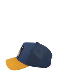 Blue and yellow cap with a yellow bill and mesh back. Features a patch detail on the front with a textured design.