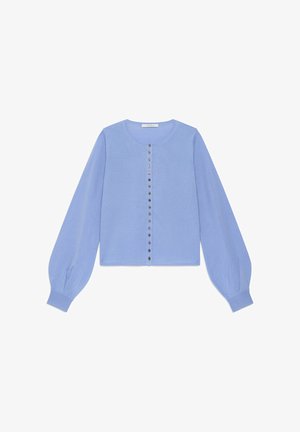 Light blue cardigan with long, puffed sleeves and a round neckline. Features a button front closure with metallic buttons. Soft, textured fabric.