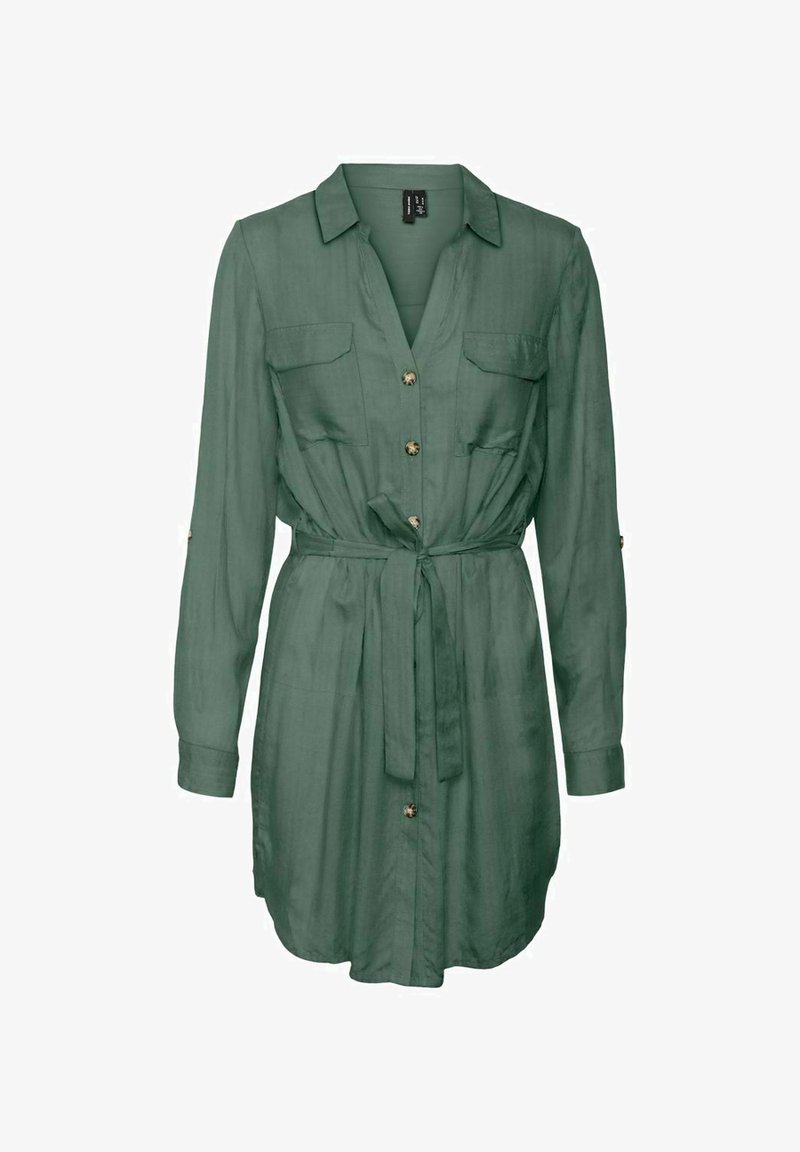 Green, long-sleeved dress made of smooth fabric. Features a collared neck, button front, two chest pockets, and a tied waist.