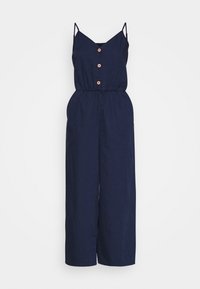 Marineblauer Jumpsuit mit verstellbaren Spaghetti-Trägern, V-Ausschnitt, Holzknopfleiste und elastischem Bund mit weiter Beinform.