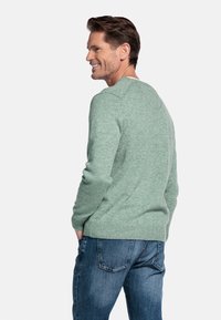 Lichtgroene gebreide sweater met ribbels bij de mouwen en onderkant, gecombineerd met een blauwe spijkerbroek. De sweater heeft een ronde halslijn en een gladde textuur.