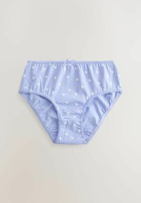 Ljusblå bomullsboxershorts med små vita hjärtan, med en spetsdekoration och en rosett vid framkant av midjan.