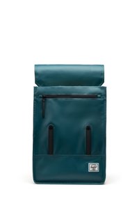 Teal roll-top backpack made of smooth, waterproof material features a front zip pocket, black accents, and adjustable straps.