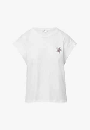 T-shirt en coton blanc avec une coupe décontractée et des manches retroussées. Présente un petit graphique coloré de tortue sur la zone gauche de la poitrine.