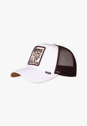 Hvid truckerhat med brun netbagside, som har et brun broderet patch med teksten "Diinns Coffee Club" og et grafisk design.
