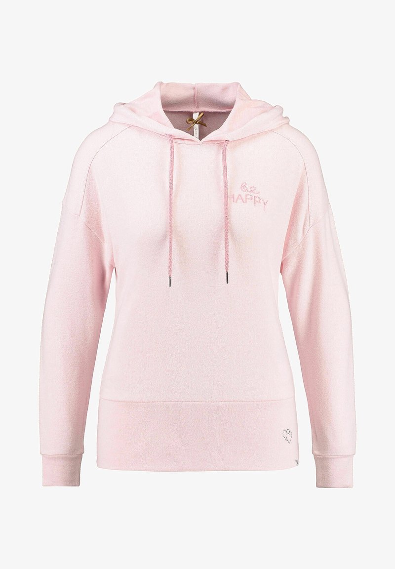 Sweat à capuche rose clair avec cordons, manches longues, broderie « "be HAPPY" » sur la poitrine et petit cœur dessiné près de l’ourlet du côté avant gauche.