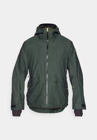 Veste imperméable à capuche vert foncé avec fermeture éclair à l’avant, deux poches inclinées et sangles de poignet réglables avec poignets intérieurs noirs.