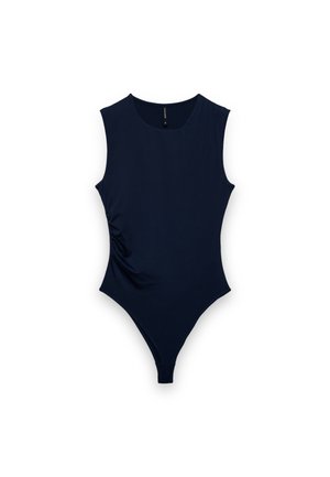 Body blu navy con scollo rotondo, design senza maniche, dettaglio di arricciatura laterale e silhouette aderente. Realizzato in tessuto morbido.