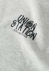 Hall hall kangas t-särk musta logoga, millel on kiri "UNION STATION COLLECTIVE". Disainis on kujutatud stiliseeritud tähti ja ümmarguseid aktsente.