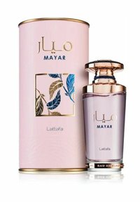 Vaaleanpunainen sylinterimäinen laatikko, jossa on kultaisia yksityiskohtia ja lehtikuvio, sisältää läpinäkyvän purppuran lasisen hajuvesipullon, jossa on kultainen korkki.